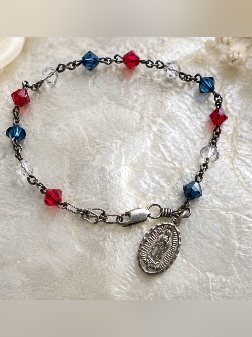 Vintage 925 Italy Patriotic Crystal Rosary Bracelet Miraculous Medal USA
